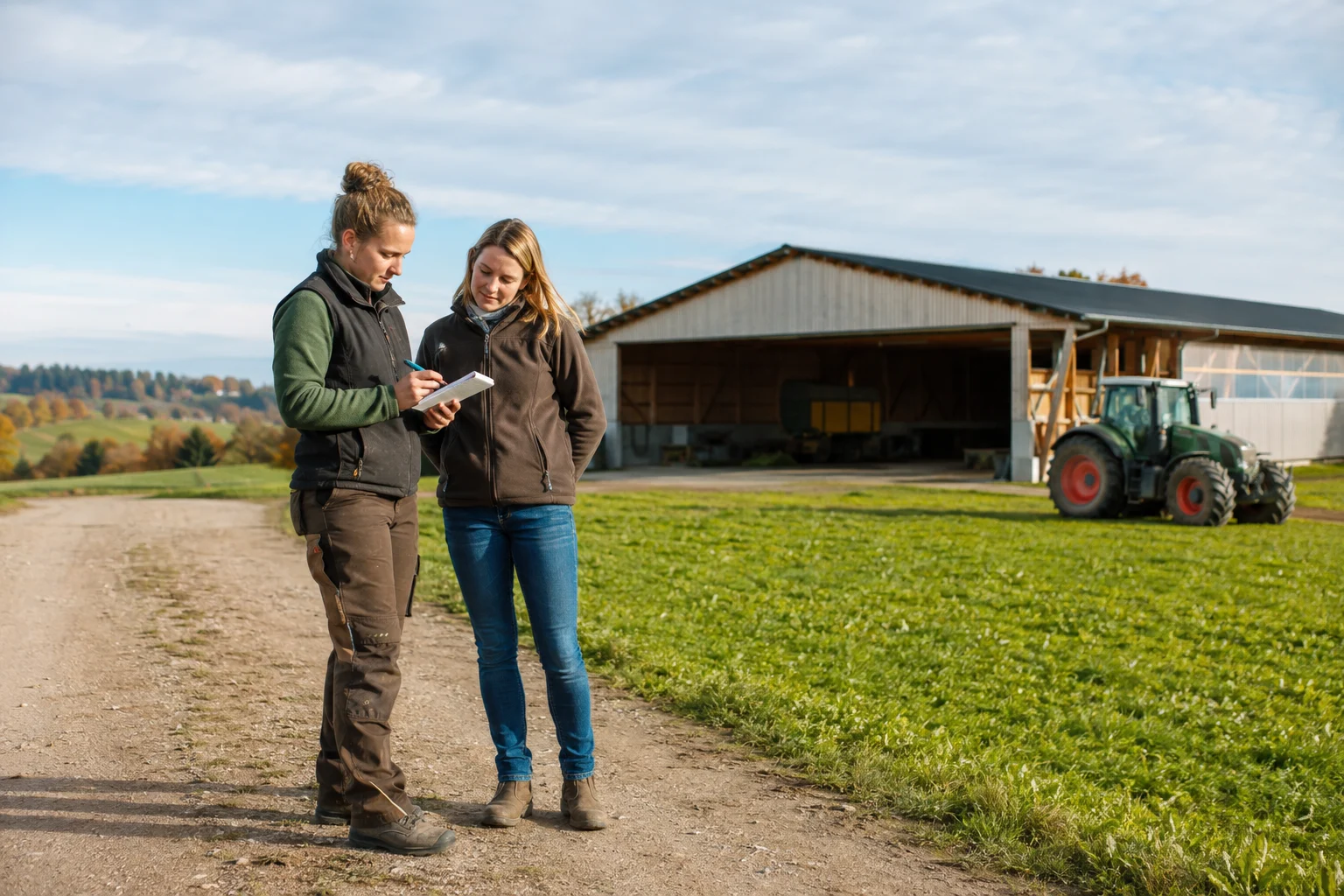 Zwei Landwirtinnen besichtigen eine Fläche vor Maschinenhalle und Traktor