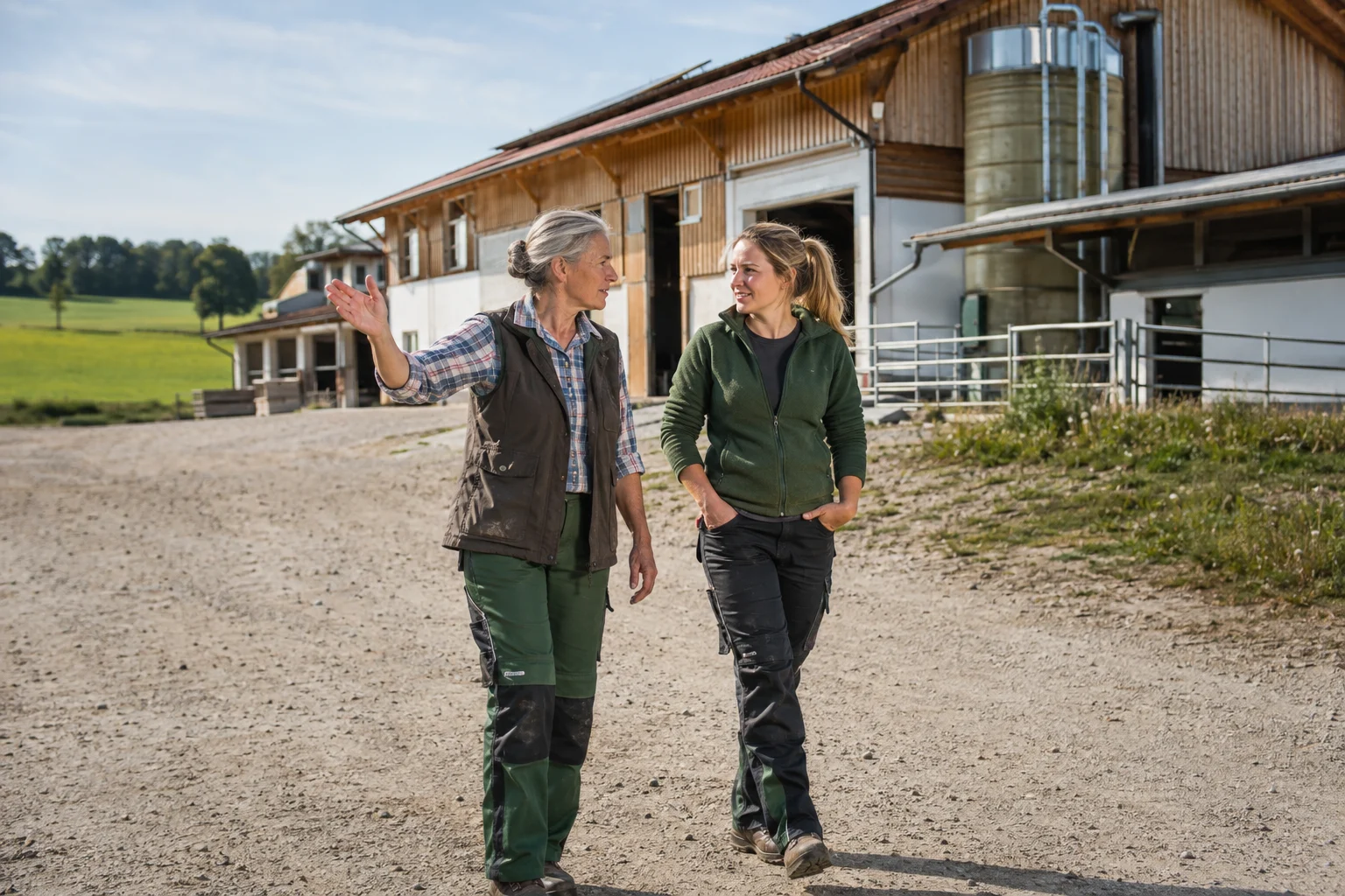 Zwei Generationen bayerischer Landwirtinnen im Gespräch vor einem Wirtschaftsgebäude
